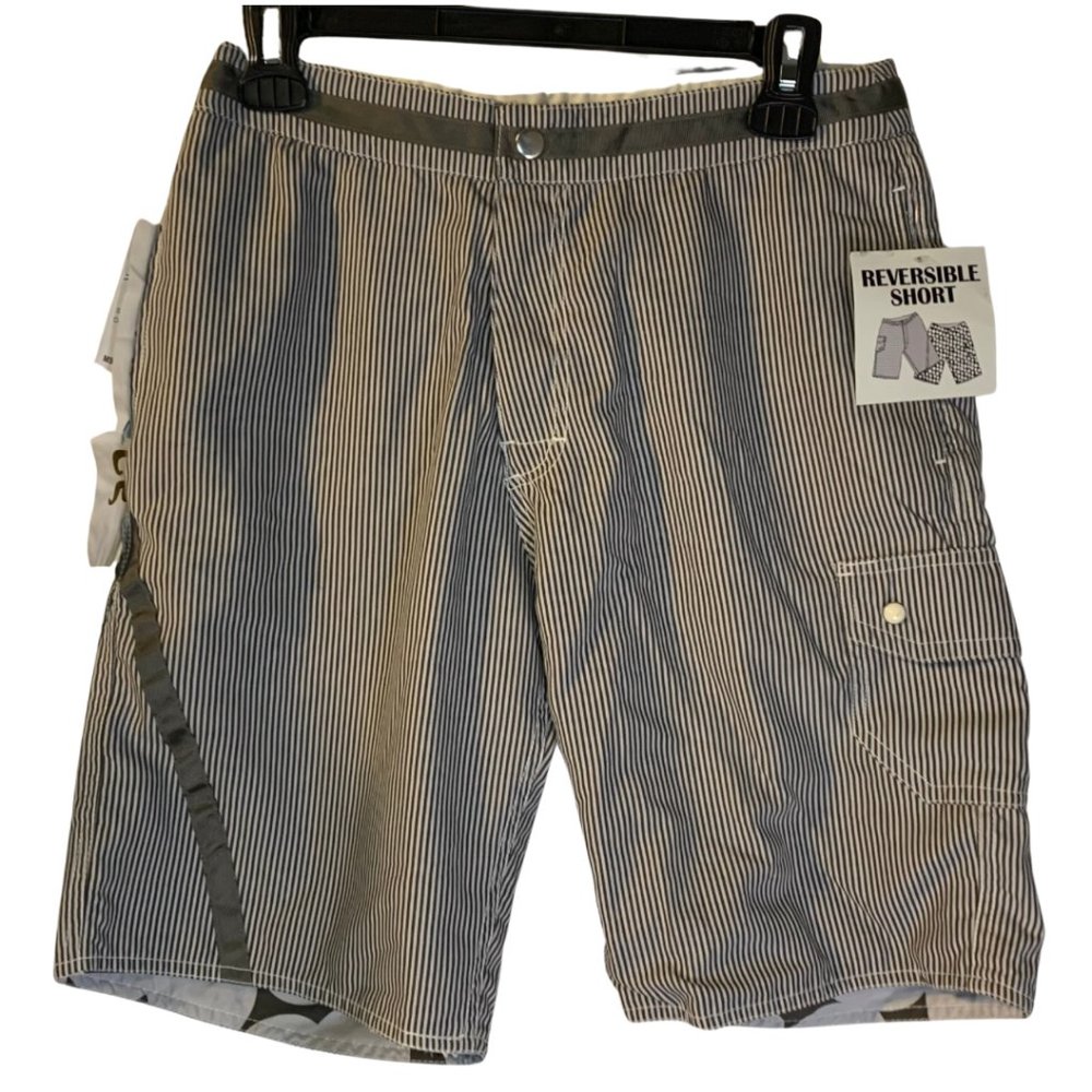 Twice Men's Y2K Reversible Shorts Size 28 NEW Gray Stripes Polka Dots 11" Inseam